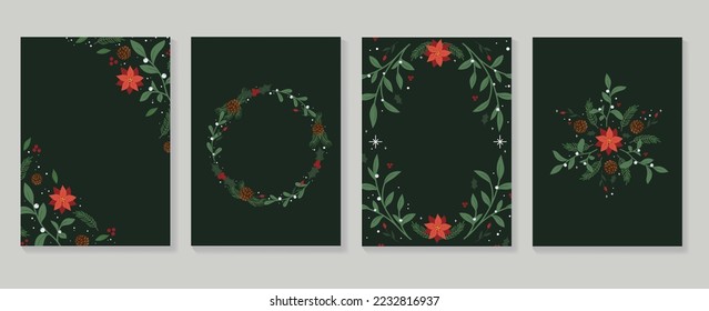 Luxury christmas and happy new year holiday cover template vector set. Floral christmas wreath, leaf branch with glittering snow. Design illustration for card, corporate, greeting, wallpaper, poster.