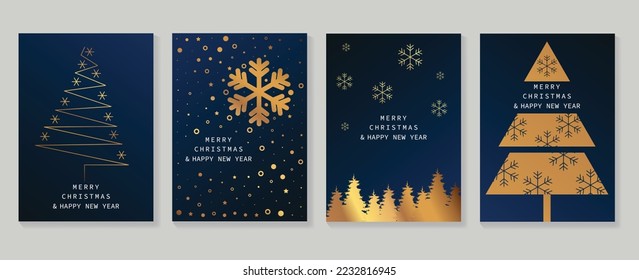 Navidad de lujo y feliz conjunto de vectores de plantilla de portada de Año Nuevo feliz. Árbol de navidad dorada degradado con copos de nieve. Ilustración de diseño para tarjetas, empresas, saludos, fondos de pantalla, afiches.