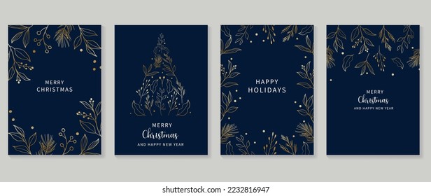 Luxury christmas and happy new year holiday cover template vector set. Gradient gold winter leaf branch line art on dark blue background. Design for card, corporate, greeting, wallpaper, poster.