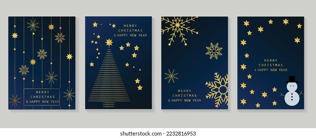 Luxury christmas and happy new year holiday cover template vector set. Decorated gradient gold christmas tree, snowflakes, stars. Design illustration for card, corporate, greeting, wallpaper, poster.