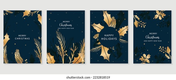 Luxury christmas and happy new year holiday cover template vector set. Gradient gold winter pine leaf branch and holly on dark background. Design for card, corporate, greeting, wallpaper, poster.