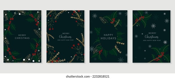 Luxury christmas and happy new year holiday cover template vector set. Gradient gold winter pine leaves, holly, snowflake on dark background. Design for card, corporate, greeting, wallpaper, poster.