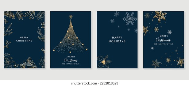 Luxury christmas   happy new year holiday cover template vector set  Gold winter leaves  holly  glittering christmas tree   snowflakes  Design for card  corporate  greeting  wallpaper  poster 