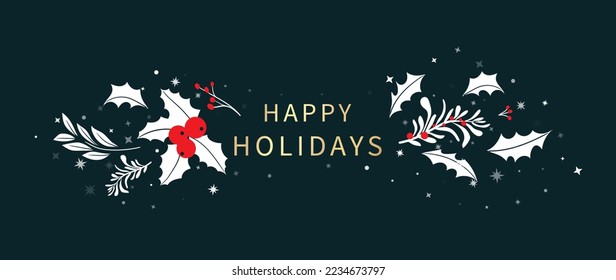 Luxury christmas and happy new year concept background vector. Elegant white christmas winter foliage, sprig of holly, mistletoe on dark green background. Design for wallpaper, card, cover, poster.