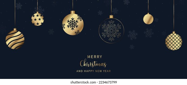 Luxury christmas and happy new year concept background vector. Elegant gradient gold hanging bauble balls decorated with snowflake on dark blue background. Design for wallpaper, card, cover, poster.