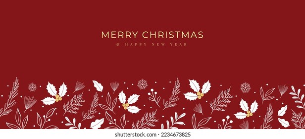 Luxury christmas and happy new year concept background vector. Elegant white christmas winter leaf branch, holly, pine leaf, mistletoe on red background. Design for wallpaper, card, cover, poster.