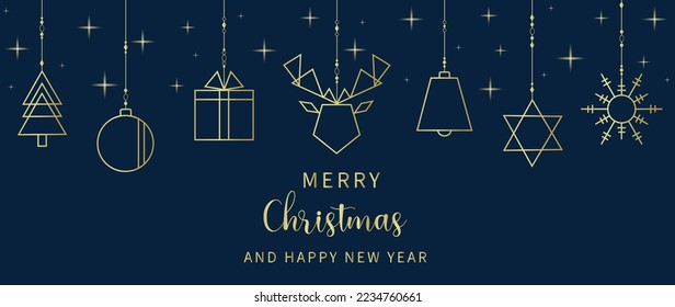 Luxury christmas and happy new year background vector. Elegant hanging geometric gold line art christmas tree, reindeer, snowflake on dark blue background. Design for wallpaper, card, cover, poster.