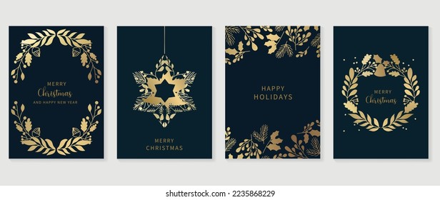 Luxuriöse Weihnachten und glückliche neue Jahr Feiertagsdecke Vorlage Vektorset. Goldene Winterblätter, Heiliger Ast, botanischer Kranz. Elegantes Design für Karte, Corporate, Gruß, Tapete, Poster.