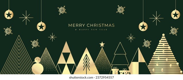 Luxury christmas and happy new year concept background vector. Elegant gradient white hanging bauble balls, gold snowflake, pine on dark green background. Design for wallpaper, card, cover, poster.