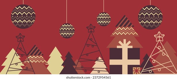 Luxury christmas and happy new year concept background vector. Elegant gradient white hanging bauble balls, gold snowflake, pine on red background. Design for wallpaper, card, cover, poster.
