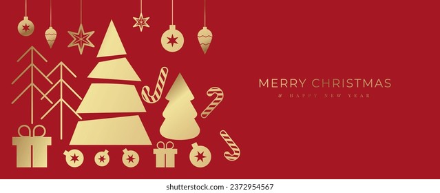 Luxury christmas and happy new year concept background vector. Elegant gradient white hanging bauble balls, gold snowflake, pine on red background. Design for wallpaper, card, cover, poster.