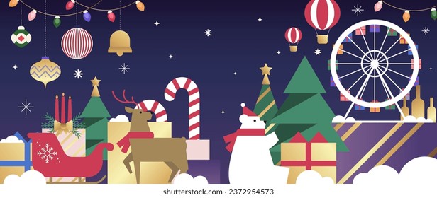 Luxury christmas and happy new year concept background vector. Elegant geometric reindeer and gold hanging bauble ball line art on dark blue background. Design for wallpaper, card, cover, poster.