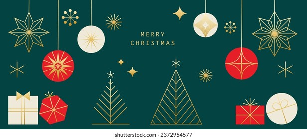 Luxury christmas and happy new year concept background vector. Elegant gradient white hanging bauble balls, gold snowflake, pine on dark green background. Design for wallpaper, card, cover, poster.