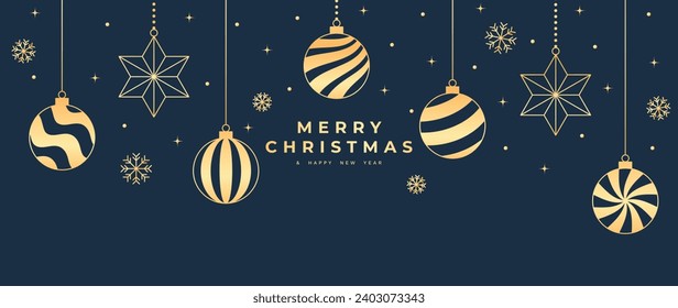 Luxury christmas and happy new year concept background vector. Elegant gold hanging bauble ball line art decorated with snowflake on dark blue background. Design for wallpaper, card, cover, poster.