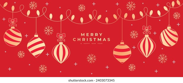 Luxury christmas and happy new year concept background vector. Elegant gold hanging bauble ball line art deco with snowflake, decorative light on red background. Design for wallpaper, card, cover.