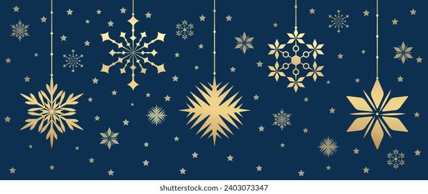 Luxury christmas and happy new year concept background vector. Elegant gold hanging bauble ball line art deco with snowflake, star, flower on dark blue background. Design for wallpaper, card, cover.