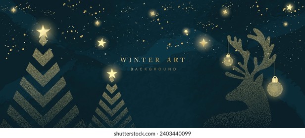 Luxury christmas and happy new year concept background vector. Elegant glittering gold christmas tree decorated with reindeer on dark blue background. Design for wallpaper, card, cover, poster.