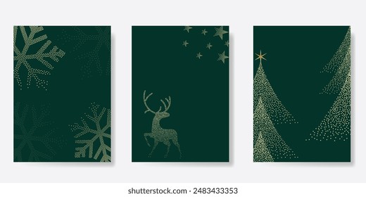 Luxury christmas and happy new year holiday cover template vector set. Gold winter reindeer, glittering christmas tree, snowflakes on green background. Design for card, greeting, wallpaper, poster.