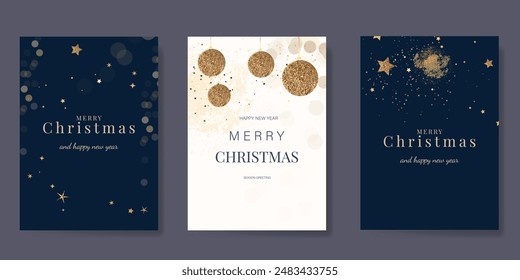 Luxury christmas and happy new year holiday cover template vector set. Gold hanging ball, twinkling star on navy blue and white background. Design for card, corporate, greeting, wallpaper, poster.