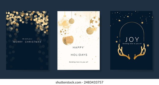 Navidad de lujo y feliz año nuevo cubierta de vacaciones de Plantilla de Vector conjunto. Bola colgante dorada, estrella centelleante, cornamenta sobre fondo azul marino. Diseño para tarjeta, corporativo, saludo, Fondo de pantalla, cartel.