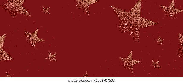 Luxury christmas and happy new year concept background vector. Elegant glittering gold star decorated with spot texture on red bokeh background. Design for wallpaper, card, cover, SSTKChritmas.