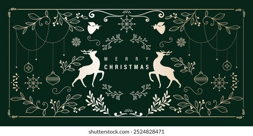 Luxury Christmas and Happy new year background folk design vector. Elegant hanging bauble, leaves branch, reindeer, snowflake on green background. Design for wallpaper, banner, cover, website.