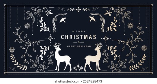 Luxury Christmas and Happy new year background folk design vector. Elegant hanging bauble, leaves branch, reindeer, snowflake on navy blue background. Design for wallpaper, banner, cover, website.