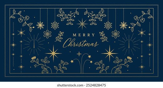 Vetor de design popular de fundo de Natal e ano novo feliz de luxo. Elegante holly folhas ramo, vela, floco de neve, flor no fundo azul marinho. Design para papel de parede, banner, capa, site.