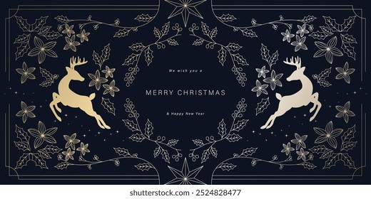 Luxury Christmas and Happy new year background folk design vector. Elegant holly leaves branch, reindeer, snowflake, flower on navy blue background. Design for wallpaper, banner, cover, website.