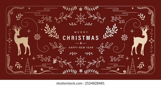 Luxury Christmas and Happy new year background folk design vector. Elegant leaves branch, reindeer, snowflake, flower on red background. Design for wallpaper, banner, cover, website.