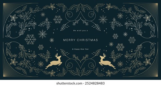 Luxury Christmas and Happy new year background folk design vector. Elegant holly leaves branch, reindeer, snowflake, flower on navy blue background. Design for wallpaper, banner, cover, website.