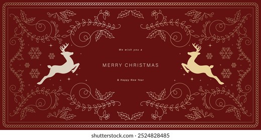Luxury Christmas and Happy new year background folk design vector. Elegant holly leaves branch, reindeer, snowflake, flower on red background. Design for wallpaper, banner, cover, website.