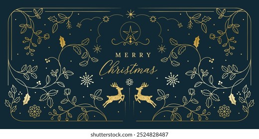 Luxury Christmas and Happy new year background folk design vector. Elegant holly leaves branch, reindeer, snowflake, flower on navy blue background. Design for wallpaper, banner, cover, website.