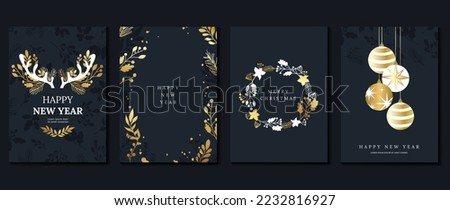 Luxury christmas and happy new year holiday cover template vector set. Decorative gradient gold winter leaf, bauble ball, antler. Design illustration for card, corporate, greeting, wallpaper, poster.