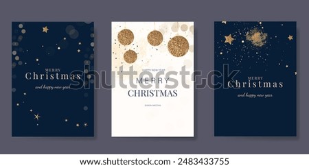 Luxury christmas and happy new year holiday cover template vector set. Gold hanging ball, twinkling star on navy blue and white background. Design for card, corporate, greeting, wallpaper, poster.