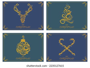 Luxury Christmas holiday cards set with reindeers, Christmas tree, Christmas ball and Xmas candy canes in vintage calligraphic swirl line
