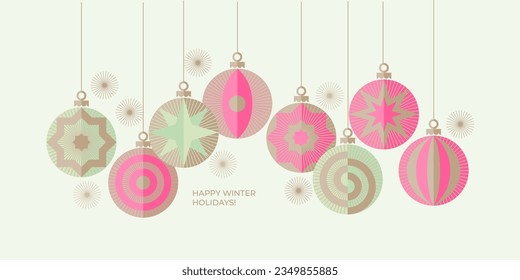 Luxury Christmas holiday header in pastel colors. Geometric Xmas postcard. Christmas balls ornaments vector clip-art for print, web, poster, postcard.