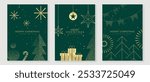 Luxury christmas invitation card art deco design vector. Christmas tree, snowflake, firework line art, spot texture on green background. Design illustration for cover, print, poster, wallpaper.