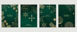 Luxury Christmas Invitation Card Art Deco Design Vector. Snowflakes, Pine Cone, Pine Leaves, Holly Line Art On Green Background. Design Illustration For Cover, Greeting Card, Print, Poster, Wallpaper.