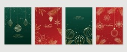 Luxury Christmas Invitation Card Art Deco Design Vector. Christmas Bauble Ball, Pine Cone, Holly Sprig Line Art On Green And Red Background. Design Illustration For Cover, Print, Poster, Wallpaper.