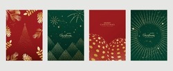 Luxury christmas invitation card art deco design vector. Christmas tree, bauble ball, reindeer, snow globe on green background. Design illustration for cover, poster, wallpaper, greeting card.

