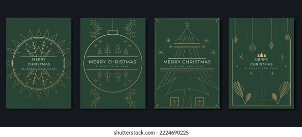 Luxury christmas invitation card art deco design vector. Snow, snowflake, bauble, christmas tree line art on green background. Design illustration for cover, greeting card, print, poster, wallpaper.