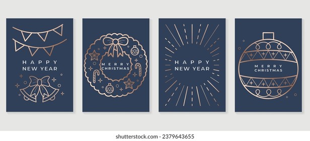 Luxury christmas invitation card art deco design vector. Wreath, christmas bauble ball, bell, flag line art on blue background. Design illustration for cover, greeting card, print, poster, wallpaper.