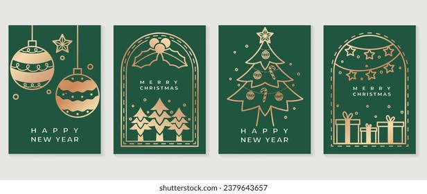 Luxury christmas invitation card art deco design vector. Christmas tree, holly, star, gift line art on green background. Design illustration for cover, greeting card, print, poster, wallpaper.