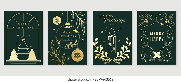 Luxury christmas invitation card art deco design vector. Christmas tree, holly, snowflake, candle line art on green background. Design illustration for cover, greeting card, print, poster, wallpaper.