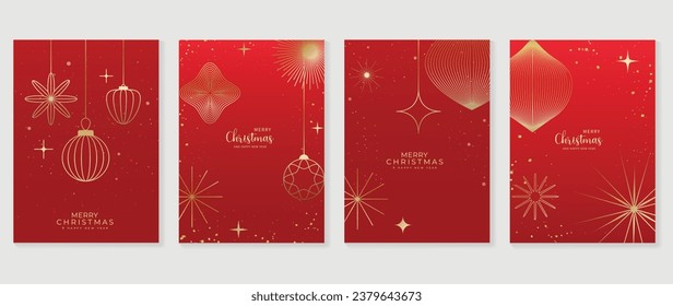 Luxury christmas invitation card art deco design vector. Christmas bauble ball, snowflakes, firework line art on red background. Design illustration for cover, greeting card, print, poster, wallpaper.