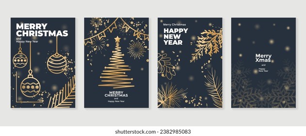 Christmas de lujo tarjeta de invitación art deco design vector. Árbol de Navidad, copo de nieve, bola de baudible, fuegos artificiales en fondo azul oscuro. Ilustración de diseño para portada, impresión, afiche, papel pintado.