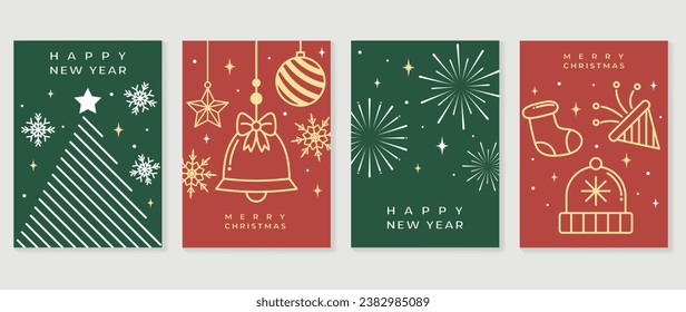 Luxury christmas invitation card art deco design vector. Christmas tree, snowflake, bell, firework, sock line art on green and red background. Design illustration for cover, print, poster, wallpaper.