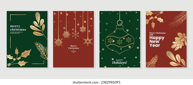 Luxury christmas invitation card art deco design vector. Christmas bauble ball, snowflake, star, holly sprig line art on green background. Design illustration for cover, print, poster, wallpaper.