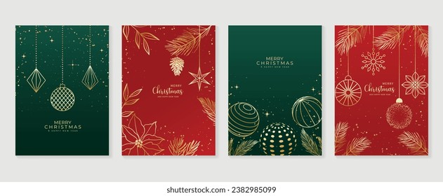 Luxury christmas invitation card art deco design vector. Christmas bauble ball, pine cone, holly sprig line art on green and red background. Design illustration for cover, print, poster, wallpaper.